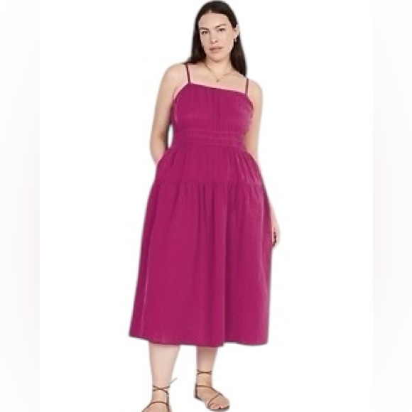 Old Navy Dresses & Skirts - Old Navy Berry Pink Cotton Gauze Strappy Tiered Midi Dress Womens XXL